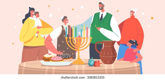 Familia feliz con niños celebrando el Festival Judío de Luces de Hanukkah. Padres, abuelos y niños usan velas encendidas en Kippah en Menorah, vacaciones en Israel. Ilustración de vectores de personas de caricatura