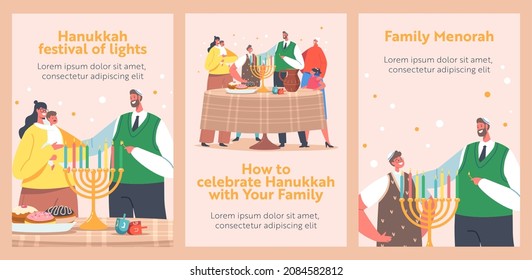 Happy Family with Kids Celebrating Hanukkah Cartoon Posters. Jewish Festival of Lights. Parents, Grandparents and Children Wear Kippah Lighting Candles on Menorah, Israel Holiday. Vector Illustration