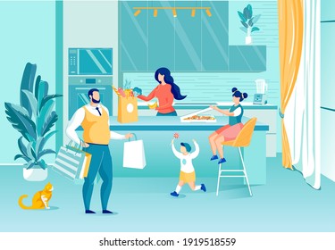 Happy Family with Kids Chatting on Home Kitchen. Mother and Father Returned after Shopping Standing with Groceries and Purchases in Paper Bags. Children Rejoicing Candy Pizza. Vector Illustration