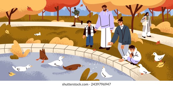 Happy family with kids in city park, feeding ducks in pond water, river. Parents and children sharing food with birds, walking outdoors on autumn holiday, fall weekend. Flat vector illustration