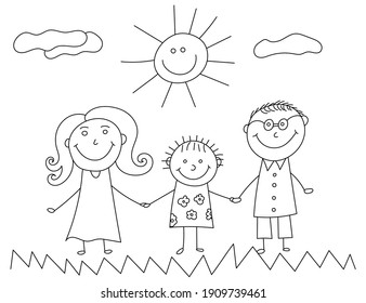 Happy Family Kids Doodle. Kid Drawing With Family. Illustration Of Happy Cartoon Family With Child. Vector Image Of Happy Family, Sun, Grass And Clouds