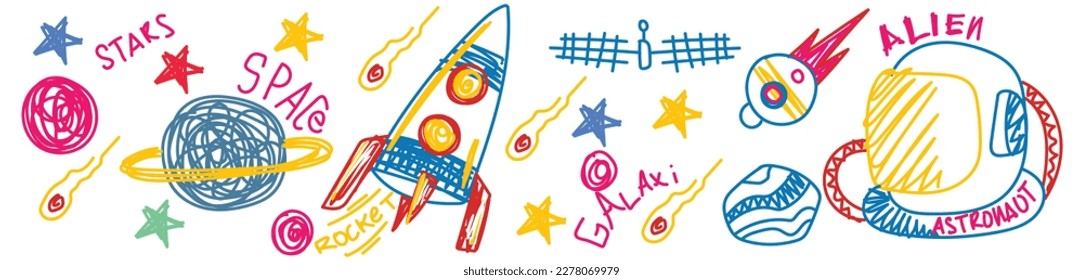 happy family kids drawing, flowers with rainbow Multicolored. Colorful symbols set hand drawn for kindergarten and school. Children pattern with natural draw, vector illustration childish.