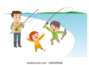 Happy family with kids fishing