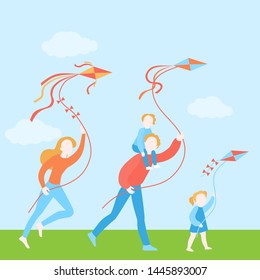 Happy family with kids fly a kite together. Funny summer activity. Vacation and holiday with children vector illustration