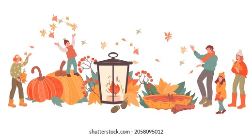  Happy Family With Kids Greeting Autumn At Backdrop Of Huge Seasonal Food And Pumpkins With Yellow Autumn Leaves, Flat Vector Illustration Isolated On White Background. Fall Autumn Season Background.