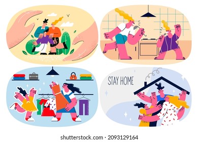 Happy family with kids have fun relax together indoors on covid-19 lockdown. Smiling parents rest on quarantine with children. Coronavirus, stay safe at home concept. Flat vector illustration. Set.