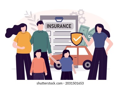 Happy family with kids have insurance proposal. Parents with children. Full insurance for house and car concept. Future financial support in case of accident. Assurance plan. Flat vector illustration