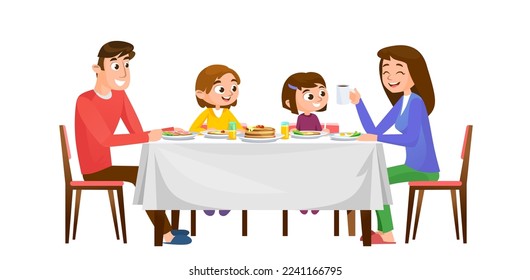 Una familia feliz con niños comiendo juntos detrás de una mesa. Madre, padre, hijo e hija desayunando, almorzando o cenando. Aislado sobre fondo blanco. Ilustración vectorial de estilo de dibujos animados.