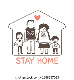 Happy family with kids at home. Stay home concept from COVID-19 coronavirus prevention. Vector illustration. Doodle style.