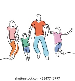 Happy family with kids jumping continuous line colourful vector illustration