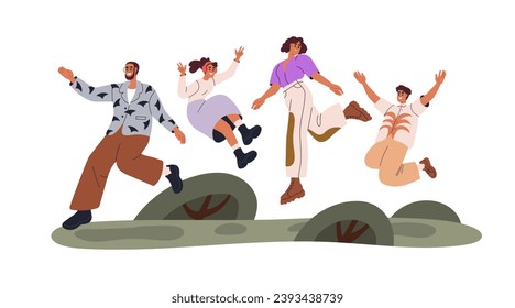 Happy family with kids jumping, having fun. Joyful mom, dad, siblings. Rejoicing smiling mother, father, children, brother and sister. Flat graphic vector illustration isolated on white background