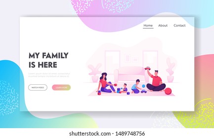 Happy Family with Kids Leisure Time Website Landing Page. Father and Mother Playing Toys with Children. Mom Dad and Little Sons Loving Relation Web Page Banner. Cartoon Flat Vector Illustration