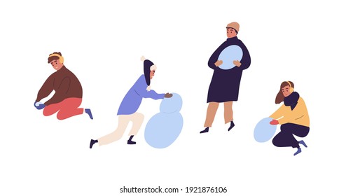 Familia feliz con niños haciendo snowman y jugando con nieve. La gente pasa tiempo juntos en invierno. Dibujo vectorial plano de colores de padres con hijos aislados en fondo blanco.