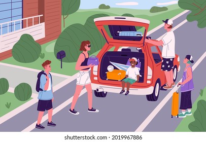 Happy Family With Kids Packing Luggage Into Open Car Back And Leaving For Summer Holiday. Mother, Father And Children Loading Trunk With Things And Going To Road Trip. Flat Vector Illustration.