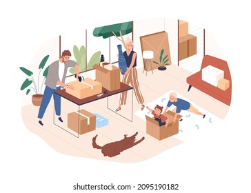 Happy family with kids packing stuff and belongings into boxes. People prepare cardboard packages for relocation, leaving and moving to new home. Flat vector illustration isolated on white background