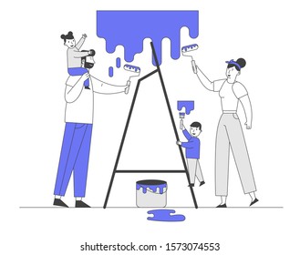 Happy Family with Kids Painting Wall with Rollers Making Renovation at Home. Parents and Children Spend Time Together in Useful Activity, Moving in New House. Flat Vector Illustration, Line Art