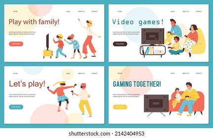 Happy family with kids playing video games together - landing page template, flat vector illustration. Set of web banners with cartoon characters holding joysticks and wearing VR glasses.