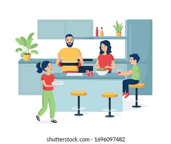 Feliz familia con niños preparando la cena en la cocina. Papá, madre, hija e hijo se están riendo. Los niños ayudan a los padres a preparar comida sabrosa y saludable. Ambiente feliz, sincero y cálido en casa.