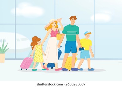 Happy family with kids pulling luggage at the airport, ready for a fun vacation, vector illustration