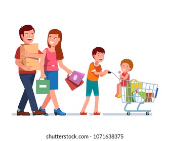 Happy family with kids shopping together. Parents walking carrying shopping bags son pushing trolley cart full of purchased goods with toddler sister sitting in. Flat vector character illustration