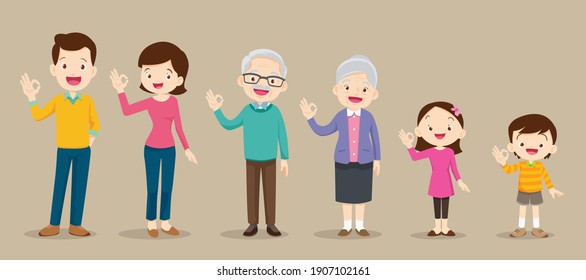 happy family and kids showing okay sign gesture.
Grandfather Grandmother dad mom Daughter son smile standing and okay hand gesture.