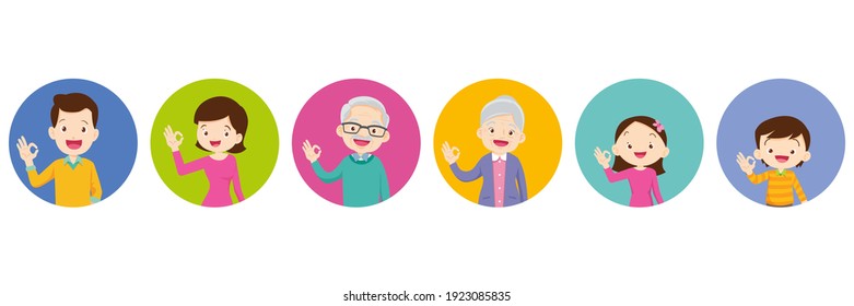 happy family and kids showing okay sign gesture.
Grandfather Grandmother dad mom Daughter son smile standing and okay hand gesture.