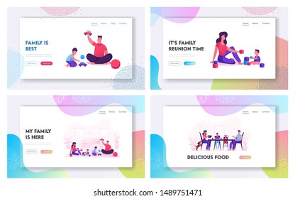 Happy Family with Kids Spending Time Together Website Landing Page Set. Mother Father Daughter and Son Playing and Eating at Home, Parents and Children Web Page Banner Cartoon Flat Vector Illustration