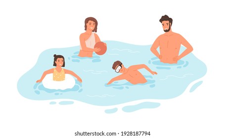 Happy family with kids swimming and playing in pool together. Father, mother and children spending leisure summer time together. Colored flat graphic vector illustration isolated on white background