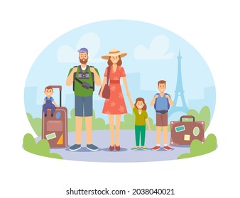 Happy Family with Kids Traveling, Mother, Father and Children Characters with Luggage and Photo Camera Visiting France Eiffel Tower Famous Landmark, Summer Vacation. Cartoon People Vector Illustration