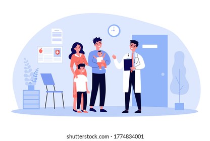 Happy family with kids visiting pediatrician. Parents and kids talking to doctor in clinic interior. Vector illustration for medicine, health, baby care concept
