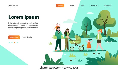 Happy family with kids walking in city park. Parents couple wheeling pram with baby outdoors. Flat vector illustration for weekend, leisure, recreation, lifestyle concepts