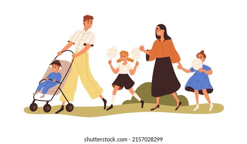 Happy family with kids walking in park with cotton candy. Mom, dad and children during outdoors leisure together on summer weekend. Flat graphic vector illustration isolated on white background - Shutterstock ID 2157028299