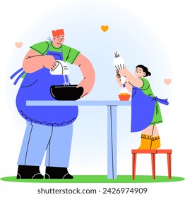 Happy family in the kitchen flat illustration, dad and daughter cooking a cake together