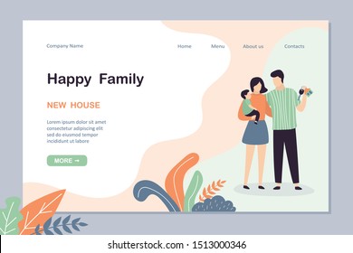 Happy family landing page template. Handsome man holds keys to new purchased or rented housing. Real estate template banner.Cute humans characters.Trendy vector illustration