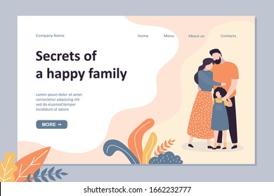 Happy family landing page template. Parents with daughter hugging. Cute humans characters. Family portrait concept banner. Trendy vector illustration