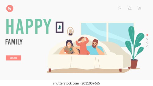 Happy Family Landing Page Template. Characters Mother, Father and Little Daughter Lying Under Blanket on Bed in Room with Garland. Sparetime, Sweet Life Moments. Cartoon People Vector Illustration