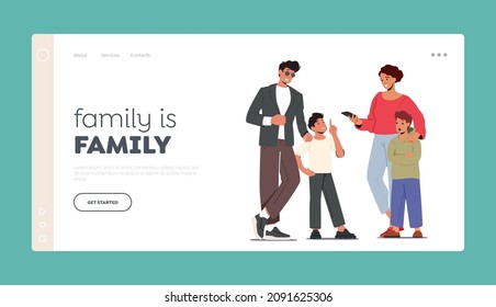 Happy Family Landing Page Template. Young Parents with Children. Mother and Father Characters Spend Time with Kids, Mom and Dad with Two Sons Laughing and Chatting. Cartoon People Vector Illustration