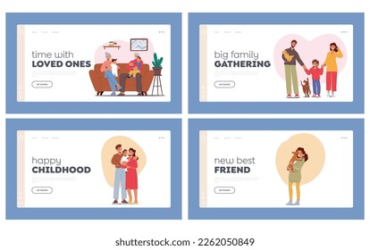 Happy Family Landing Page Template Set. Parents Characters Holding Baby on Hands, Smiling Children and Grandparents Love, Joy, Togetherness, Human Relation Concept. Cartoon People Vector Illustration