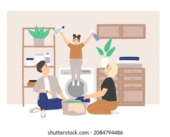 Happy family in laundry room. Smiling mother, father and daughter do housework. Vector illustration in flat style