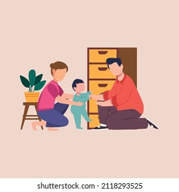 Happy family learning baby to walk. First kid's steps. Mom, dad playing with little child. Loving relationship and care. Children growth and development. Happy family moments. Vector illustration