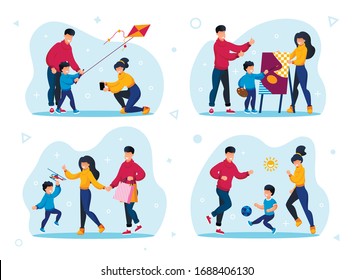 Happy Family Life Activities and Healthy Lifestyle Trendy Flat Vector Concepts Set. Parents with Child Launching Kite, Drawing Painting, Playing Football, Shopping on Sale Isolated Illustrations