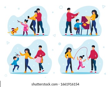 Happy Family Life Situations, Parenthood Worries, Child Education Trendy Flat Vectors Set. Parents and Child Walking with Pet, Drawing Painting, Jumping on Rope, Shopping Together Illustrations