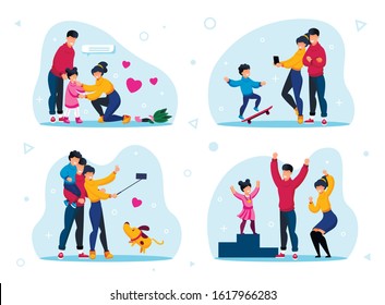 Happy Family Life Situations Trendy Flat Vector Concepts Set. Parents Calming Down Crying, Worried Daughter, Shooting Selfie Photos, Celebrating Kid Victory in Sport Competition Isolated Illustrations