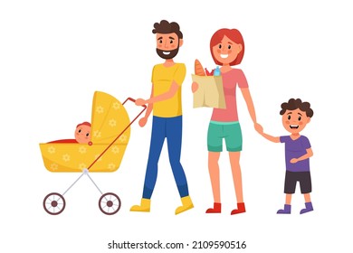 Happy Family Lifestyle. Children And Parents Everyday Life. Family Together On A Walk. Lifestyle Scene. Vector Illustration.