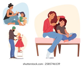 Happy family lifestyle vector illustration. Mother and father caring for kids of different age combing hair hairstyling children preparing for party or school enjoying morning beauty routine scene set