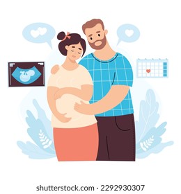 Happy family. Light skinned couple expecting baby. Pregnant woman and husband with first photo of ultrasound of child. Vector illustration. Future parents, pregnancy motherhood, parenthood concept