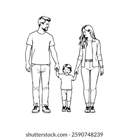 
happy family in line art style. Front view of parents with their little child holding hands and walking together black linear sketch isolated on white background