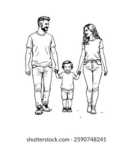 
happy family in line art style. Front view of parents with their little child holding hands and walking together black linear sketch isolated on white background