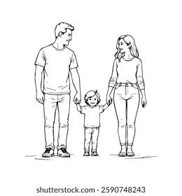 
happy family in line art style. Front view of parents with their little child holding hands and walking together black linear sketch isolated on white background