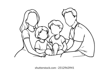 Happy Family Line Art Vector Illustration. Family Concept Black Sketch Drawing on White Background. Linear Design. 